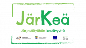 Järkeä -hankkeen logo, jossa hankkeen nimi "Järkeä" sekä slogan "Järjestötyöhön kestävyyttä". Logon alla on rahoittajien logokimara.