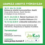 "JärKeä-hankkeessa tarjottavien ohjattujenLempeää liikettä työpäiviin -liikuntatuokioiden aikataulu infograafi, tieto löytyy tekstistä.”